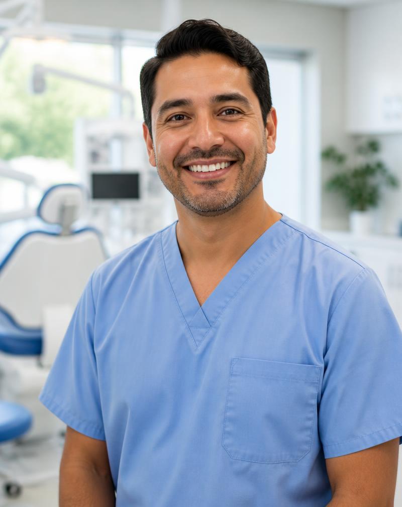 Smiling bilingual dentist in blue scrubs at a modern dental practice