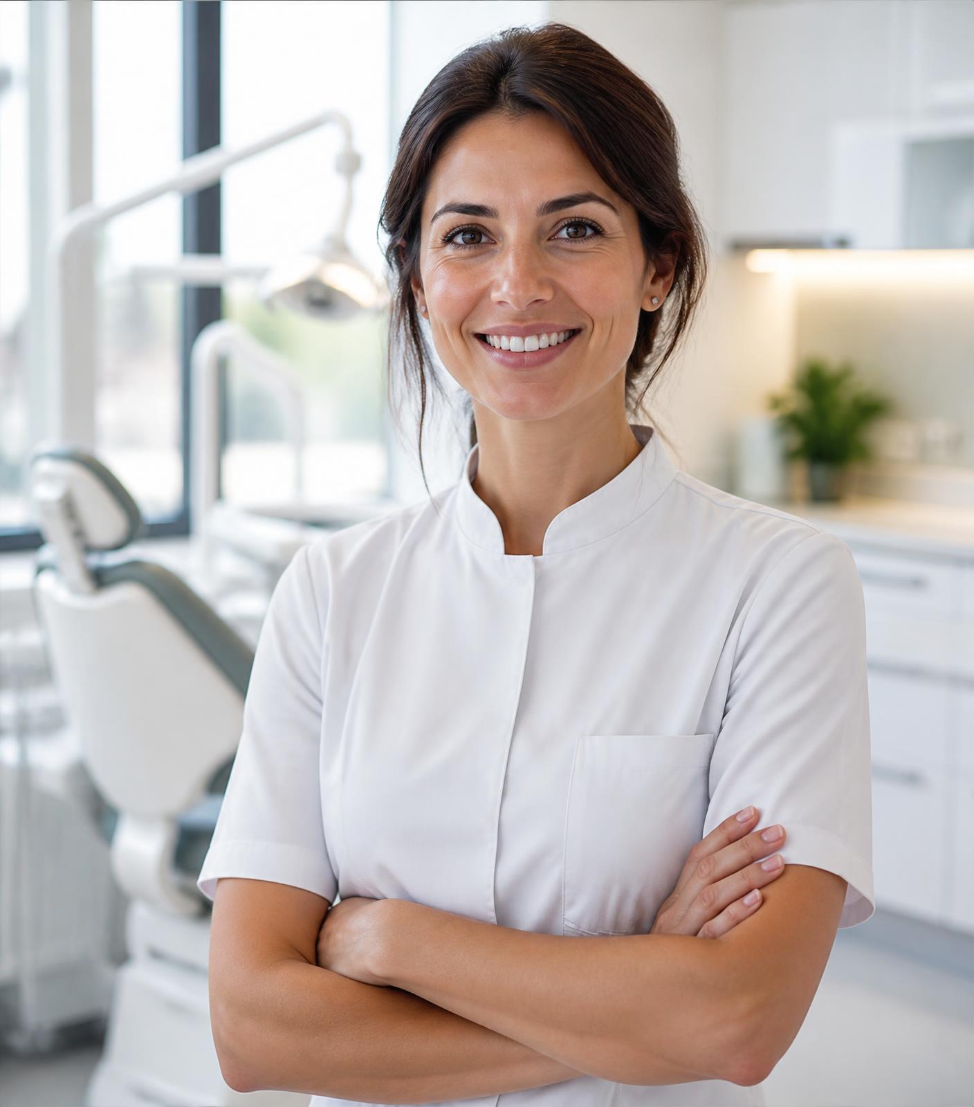 Dentist in white scrubs smiling warmly in a bright modern dental practice